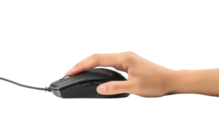 Hand on computer mouse on white transparent background
