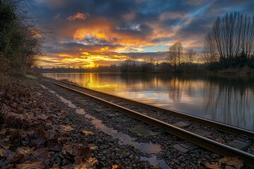 Fototapeta premium Railroad tracks along a calm river with a dramatic sunrise in the distance.