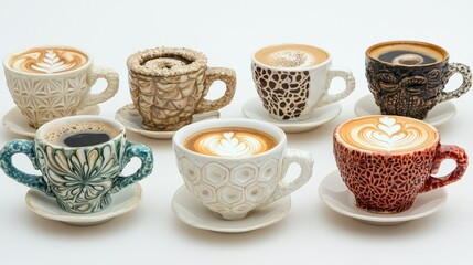 Fototapeta premium Aesthetic Collection of Beautifully Designed Coffee Cups with Various Coffee Varieties and Latte Art Displayed on Elegant White Background