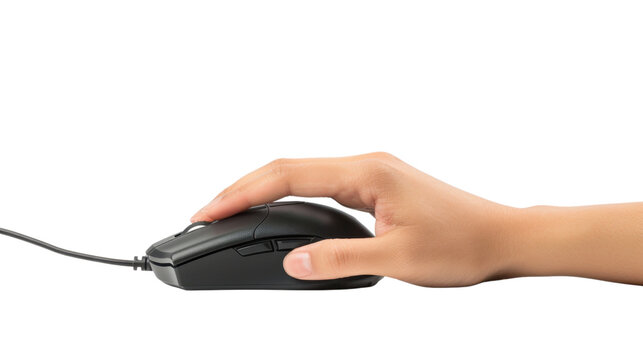 Hand on computer mouse on white transparent background
