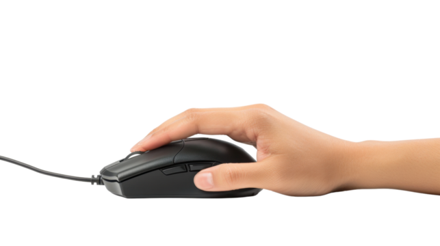 Hand on computer mouse on white transparent background
