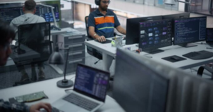 Team of Multiethnic Male Software Engineers Collaborate on AI Models and Data-Driven Digital Applications. Computer Monitors in Office Displaying Code, Data Sets, and Visual AI Outputs