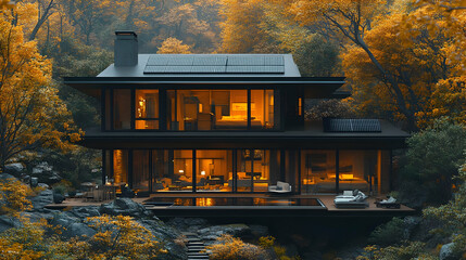 Obraz premium Modern House with Pool in Autumn Forest - 3D Illustration