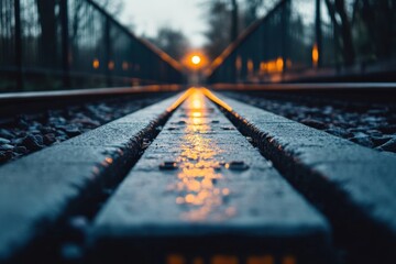 Railroad tracks leading towards a distant light.