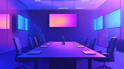 A depiction of a tech conference room equipped with smart technology, video screens, and a sleek design for presentations