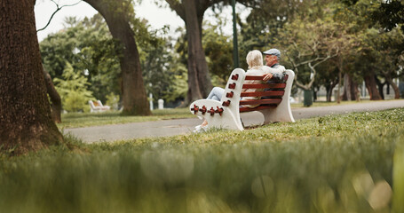 Relax, love and bonding with old couple on park bench for retirement, happiness and wellness. Support, date and romance with senior man and woman in nature for partner, marriage and peace together