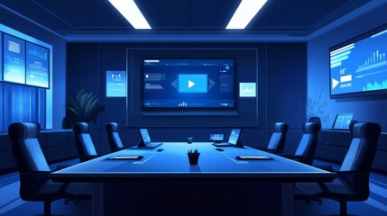 A depiction of a tech conference room equipped with smart technology, video screens, and a sleek design for presentations