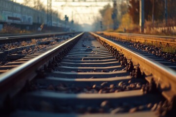 Railroad tracks stretching into the distance, with the sun shining in the background.