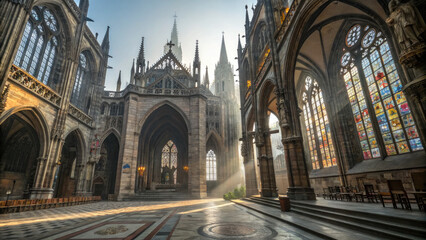 Massive Gothic Cathedral at Dawn, Arches, Stained Glass, Spires, Awe - inspiring Religious Grandeur.