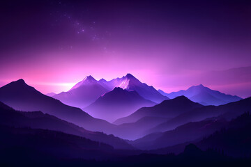 Obraz premium Mystische Gebirgslandschaft bei Sonnenuntergang in Lila- und Violetttönen