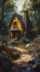 beautiful golden cottage in heavenly setting, large tree trunks, thick flowers all around,
