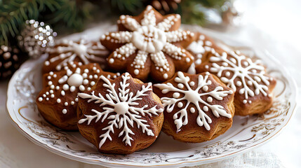 Delicious gingerbread cookies with white frosting in a festive realm reminiscent of the warmth of Christmas. Traditional Christmas cookies