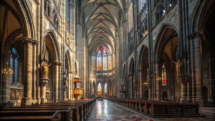 Fototapeta premium Massive Gothic Cathedral at Dawn, Arches, Stained Glass, Spires, Awe - inspiring Religious Grandeur.