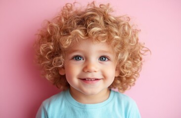 Naklejka premium A cute little boy with curly blonde hair, smiling and looking at the camera against a pastel pink background.