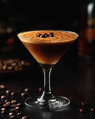 An espresso martini served in a chic glass, garnished with coffee beans, offering a rich and smooth blend of coffee and vodka for a sophisticated cocktail experience.