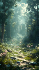 Obraz premium Illustration - Enchanted Forest Path to Ancient Ruins