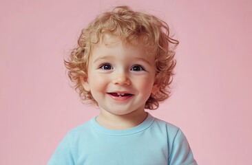 Naklejka premium A cute little boy with curly blonde hair, smiling and looking at the camera against a pastel pink background.