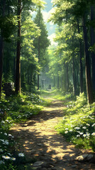 Fototapeta premium Illustration of Forest Path Sunlight Trees Flowers Ruins Nature