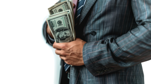 Hand holding stacks of us dollar money on white transparent background
