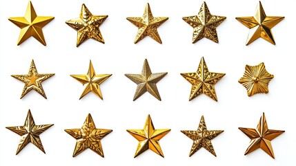 Fototapeta premium A Collection of Various Golden Star Decorations on a White Background for Festive Occasions, Awards, and Festive Celebrations in Bright and Shiny Finish