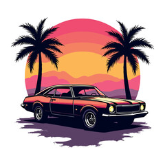 car with sunset and retro-style palm silhouette vector t shirt design