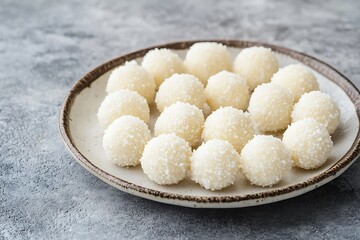 Plate with tasty coconut candies on grey background, top view. Coconut Sweet Ladoo on a plate on a concrete background