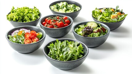 Fresh and Colorful Variety of Healthy Salads Displayed in Black Bowls on a Bright White Background, Perfect for Culinary and Food Presentation