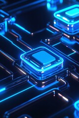 Fototapeta premium Close-up View of Futuristic Circuit Board with Glowing Neon Blue Elements, Highlighting the Complex Interplay of Technology and Design
