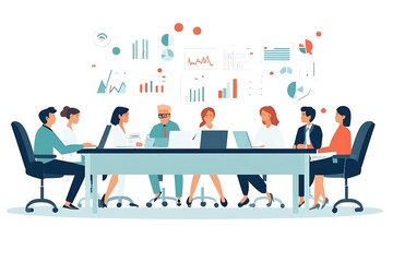 Business Team Meeting with Data Charts and Graphs in a Modern Office Setting