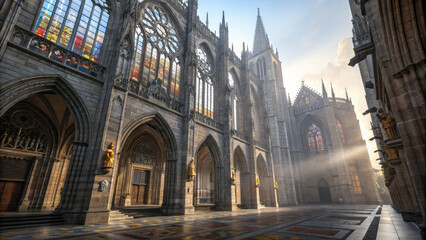 Fototapeta premium Massive Gothic Cathedral at Dawn, Arches, Stained Glass, Spires, Awe - inspiring Religious Grandeur.