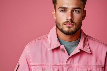 Obraz premium A young man with a beard poses in a pink jacket against a pink background.