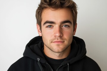 Fototapeta premium A young man with a serious expression wearing a black hoodie against a plain background.