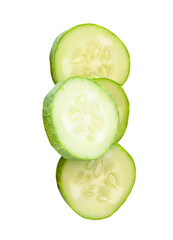 Top view of green cucumber slices or pieces in stack isolated on white background with clipping path