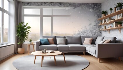 Fototapeta premium Scandinavian living room interior design zoom background,Doodle patterned wallpaper graphics