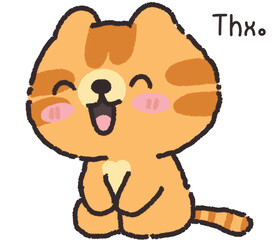 A happy cartoon cat with clasped paws, blushing cheeks, and a big smile, with Thx written beside it, expressing gratitude.
