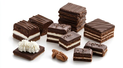 Obraz premium Assorted Chocolate Pastries and Cakes on White Background Perfect for Dessert Lovers and Baking Enthusiasts, Featuring Layers and Decorative Designs