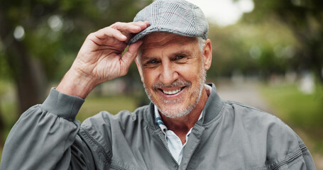 Elderly man, portrait and hat with park for welcome, greeting and polite manners with smile. Senior person, happy and outdoor for hello with tipping cap, friendly attitude and retirement in Australia