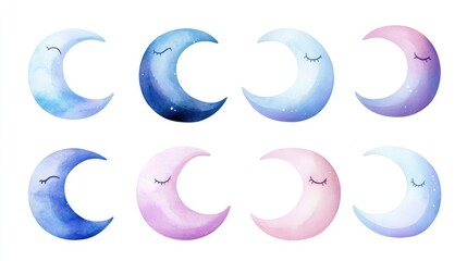 Colorful and Whimsical Moon Illustrations Set, Featuring Various Shades and Smiling Expressions Perfect for Dreamy Designs and Themed Projects in Illustration and Crafting