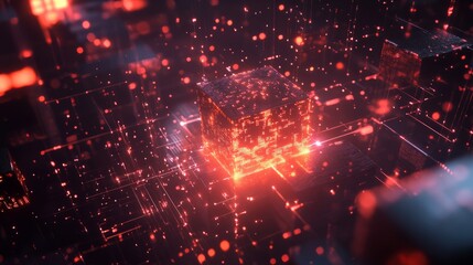 Fototapeta premium A futuristic data landscape with vibrant neon colors and explosive motion, capturing the essence of space travel, blokchain, chip, server