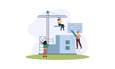Building house process at construction site, work with floor plan illustration