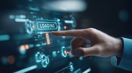 Hand reaching for a glowing futuristic loading bar.