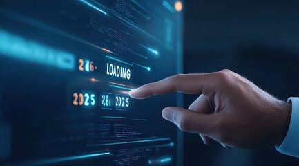 Hand touching futuristic digital display in blue tones