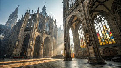 Massive Gothic Cathedral at Dawn, Arches, Stained Glass, Spires, Awe - inspiring Religious Grandeur.