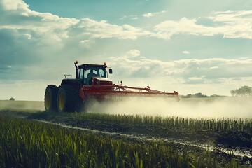 Obraz premium Red Tractor Spraying Fertilizer in a Field
