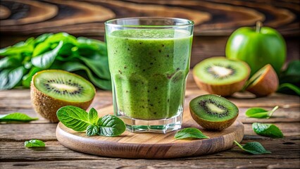 Freshly Blended Green Smoothie with Kiwi, Spinach, and Mint on Rustic Wooden Background
