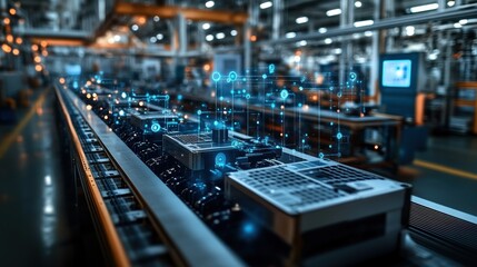 Industrial assembly line with digital technology visualization.