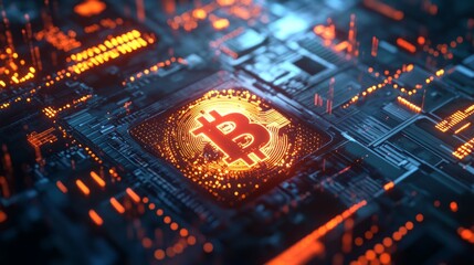 A futuristic representation of a cryptocurrency transfer, with glowing lights and moving data streams, Bitcoin