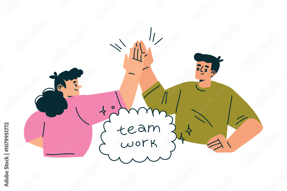 Poster productive workflow with man and woman give high five managing task vector illustration