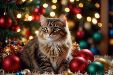 Obraz premium A little kitten plays with Christmas decorations.