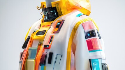 Futuristic Fashion Design Showcasing Modern Technology with Vibrant Colors and Interactive Elements in a Unique Jacket for the Fashion Forward Consumer